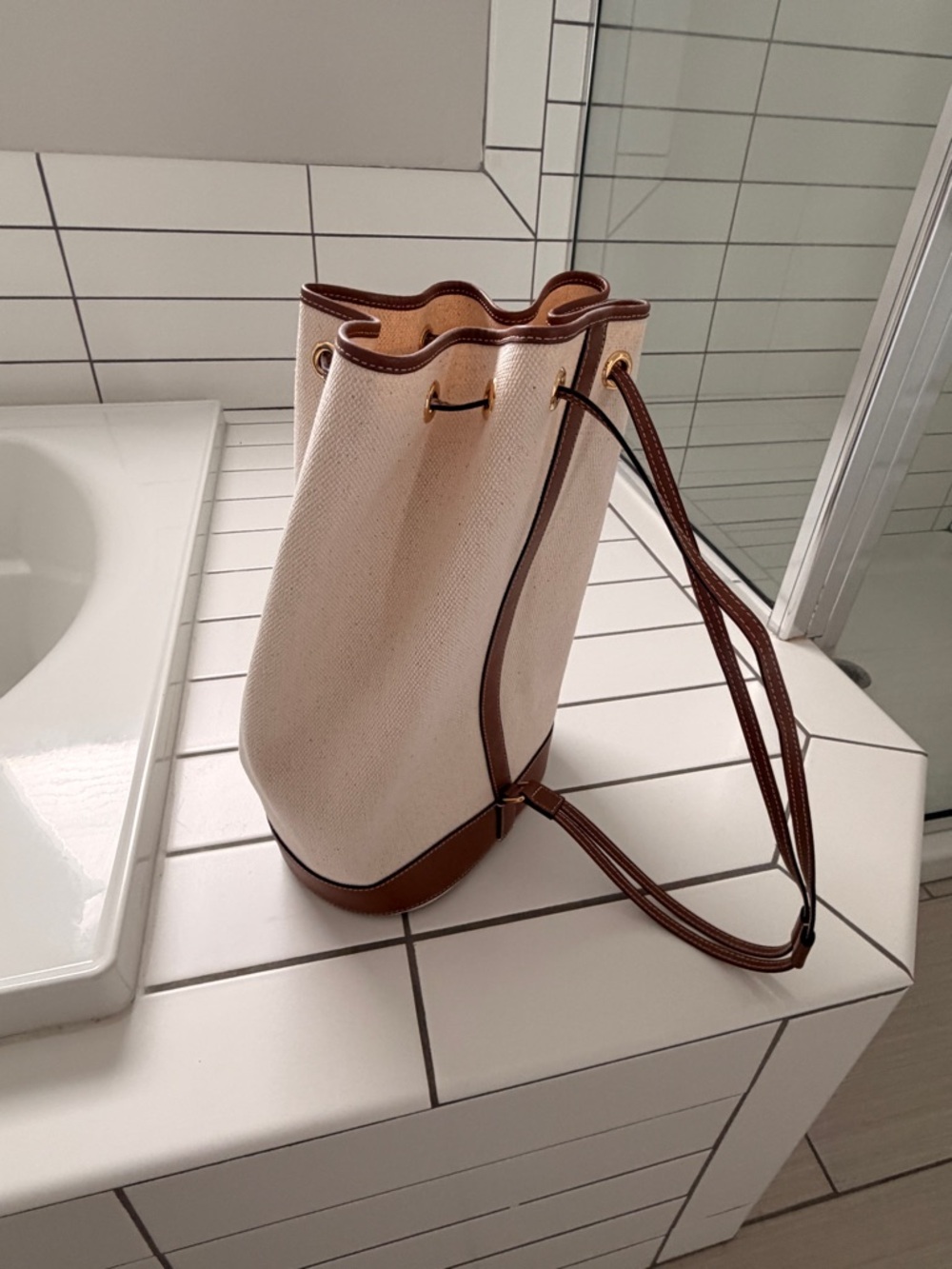 Cream and Brown Bucket Shoulder Bag with Drawstring
